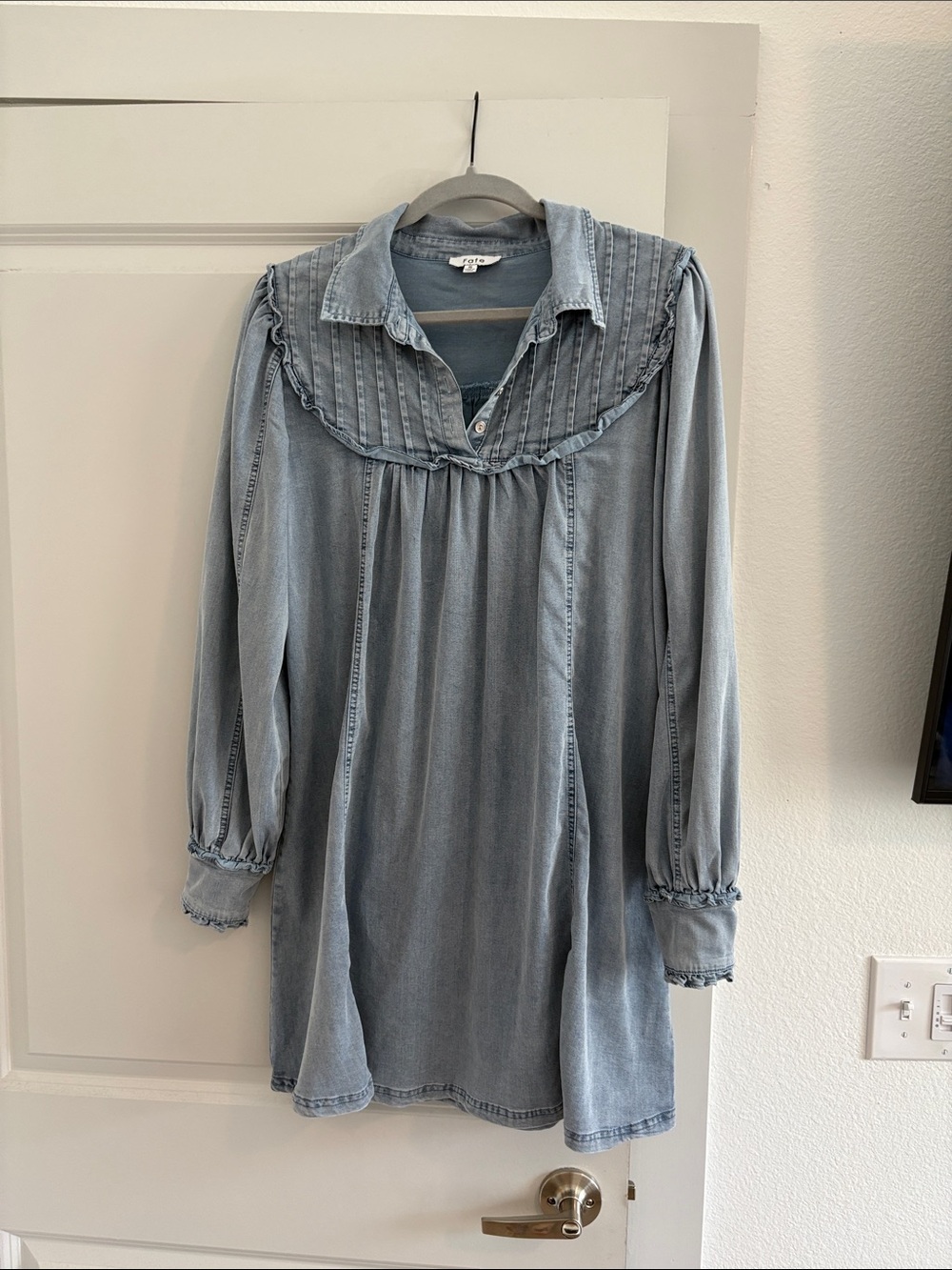 Fate Light Blue Denim Midi Dress with Ruffled Yoke